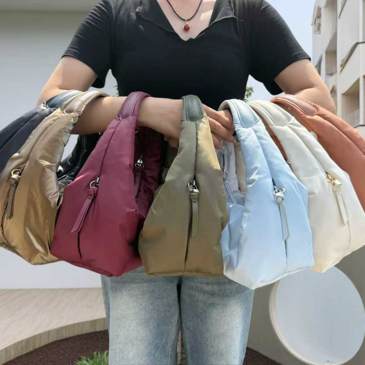 Wholesale Soft Padded Crescent Hobo Bag for Women | Lightweight Quilted Shoulder Handbag | Trendy Casual Tote Purse in Multiple Colors