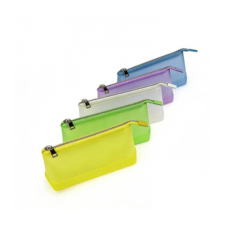 Set of five frosted translucent zippered pouches in vibrant colors (yellow, lime green, white, purple, light blue), displayed in a staggered row to showcase color variety for wholesale.