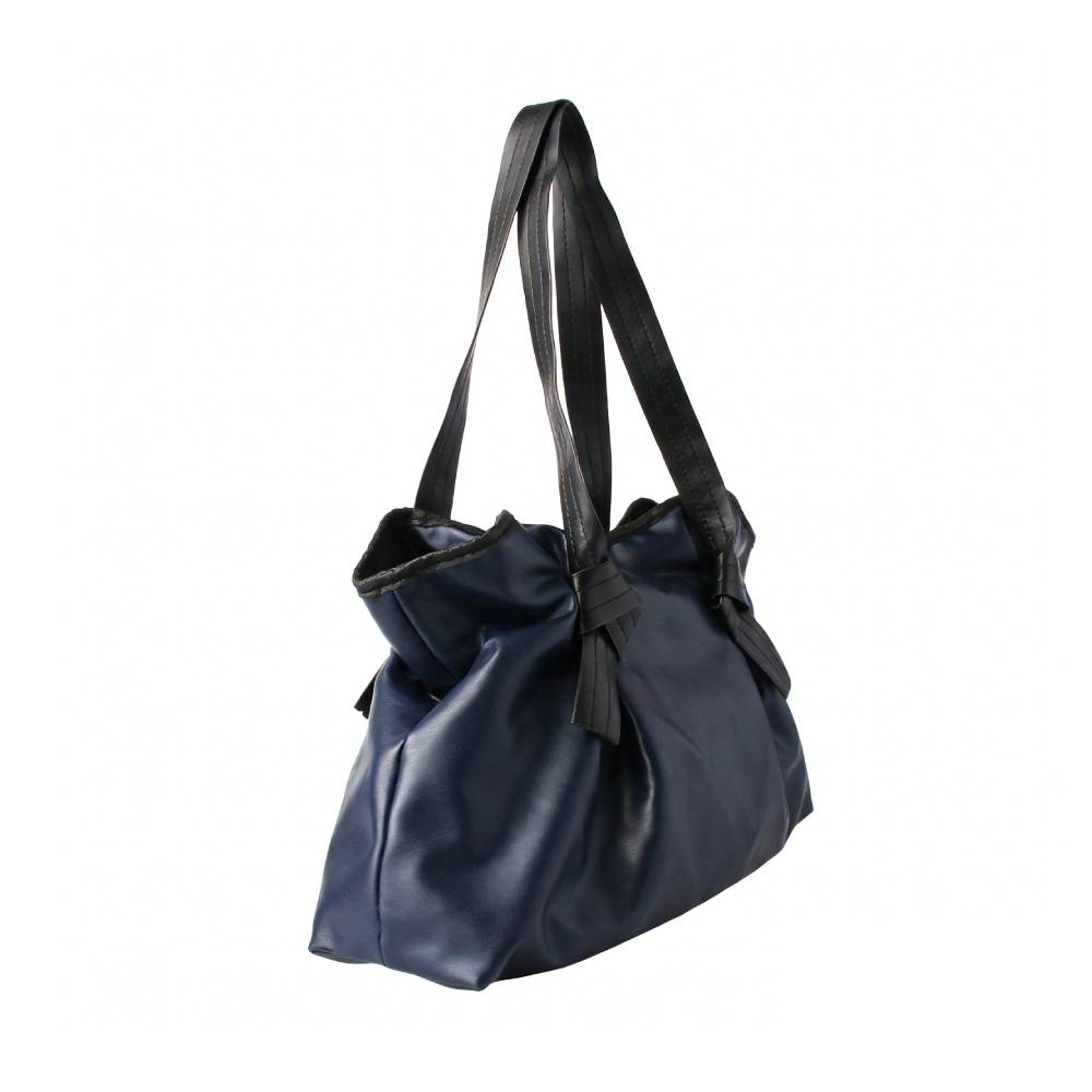 Navy Blue Faux Leather Shoulder Bag with Knot Details - Side View