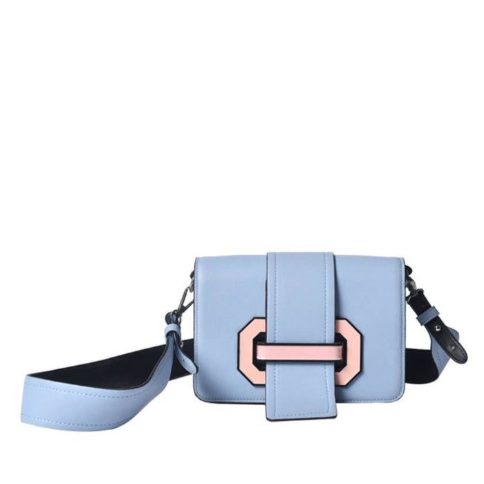 Light blue leather crossbody bag with pink geometric buckle and adjustable strap, structured small shoulder bag for wholesale.