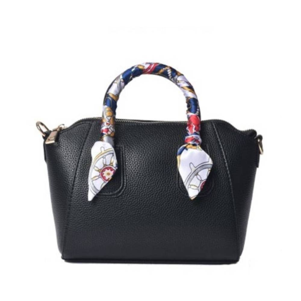Front view of a black pebbled leather satchel handbag with a decorative nautical scarf-wrapped handle, ideal for product listing and wholesale catalogs.