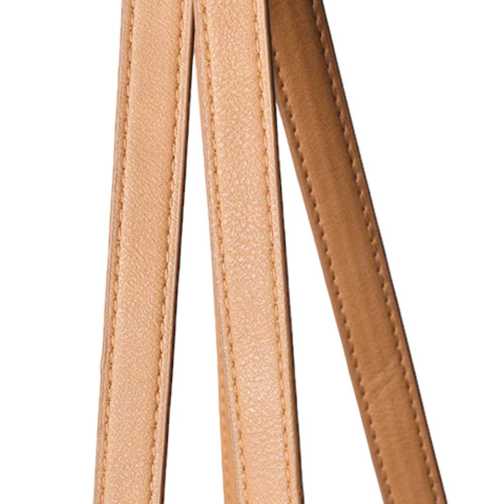 Tan Leather Shoulder Strap Detail of Woven Tote Bag