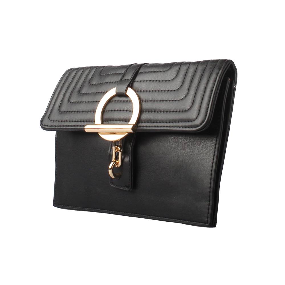 Black Quilted Clutch Bag with Gold-Tone Metal Ring Clasp - Side Angle View