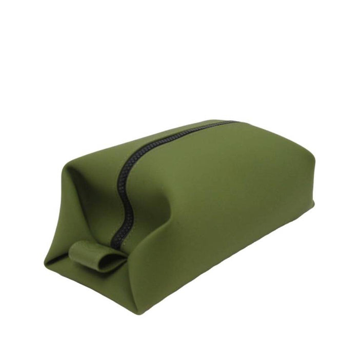 Olive green toiletry bag with black zipper and sleek rectangular design, offering a neutral color option for daily or travel use.
