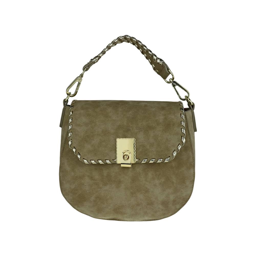 Olive Green Suede Saddle Bag with Braided Top Handle - Full Front View