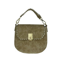 Olive Green Suede Saddle Bag with Braided Top Handle - Full Front View