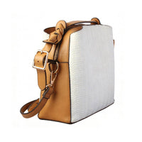 Two-Tone Woven Crossbody Bag - Side Angle with Gold Hardware