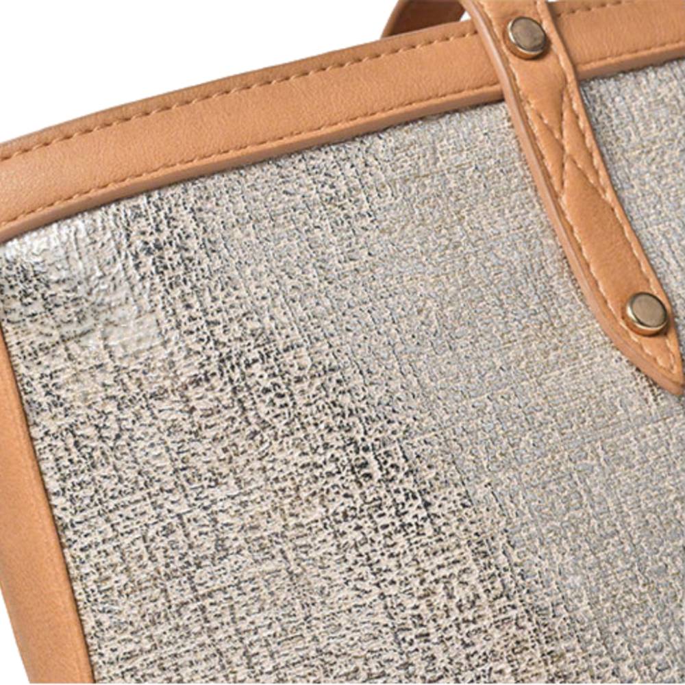Metallic Silver Woven Tote Bag - Fabric Texture & Gold Rivet Detail View