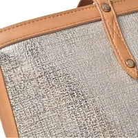 Metallic Silver Woven Tote Bag - Fabric Texture & Gold Rivet Detail View
