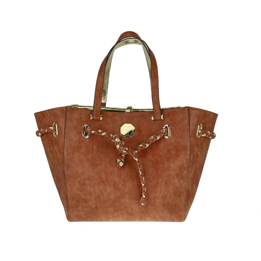 Tan Tote Bag with Braided Rope Accent - Full Front View