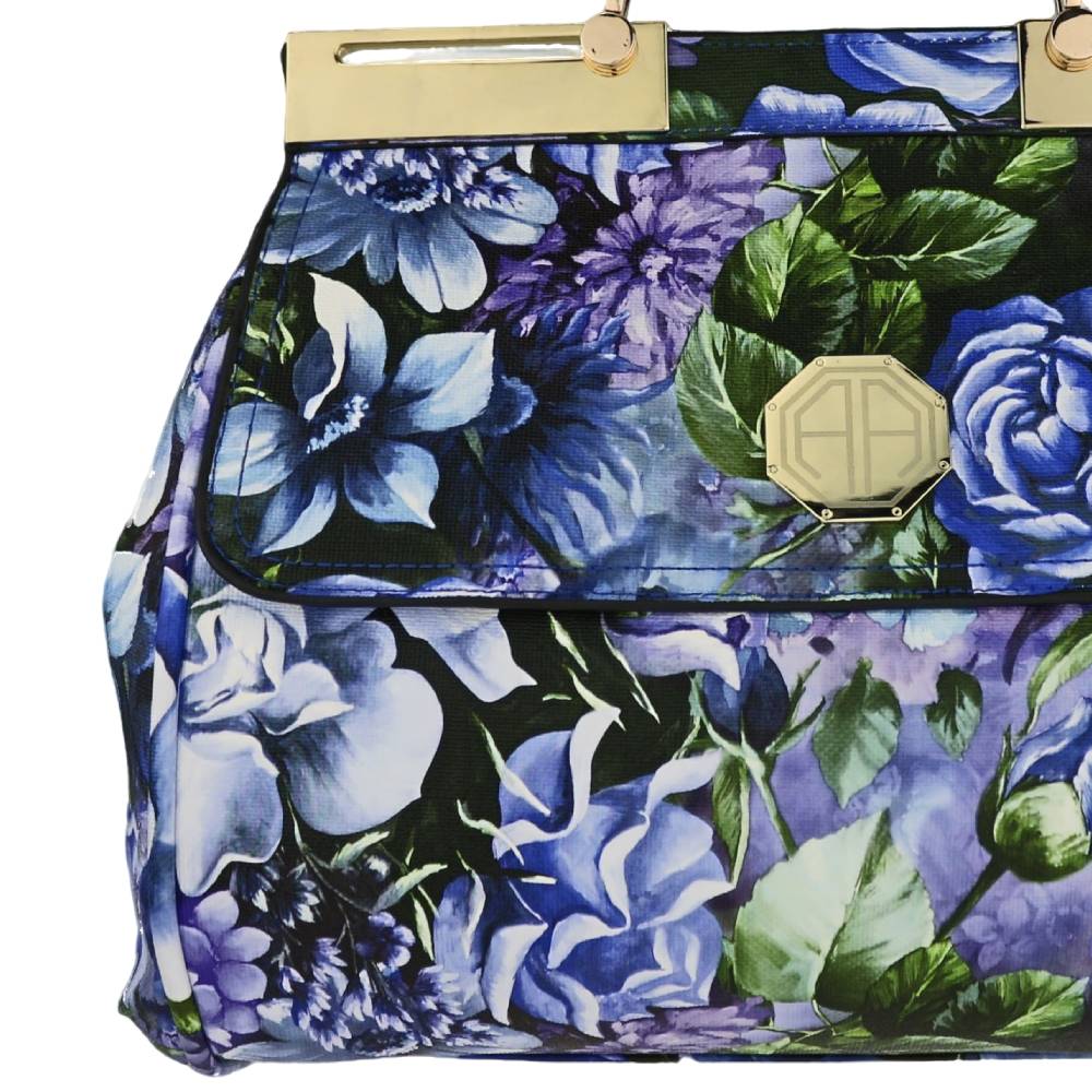 Blue Floral Print Handbag - Side Angle View with Pocket Detail