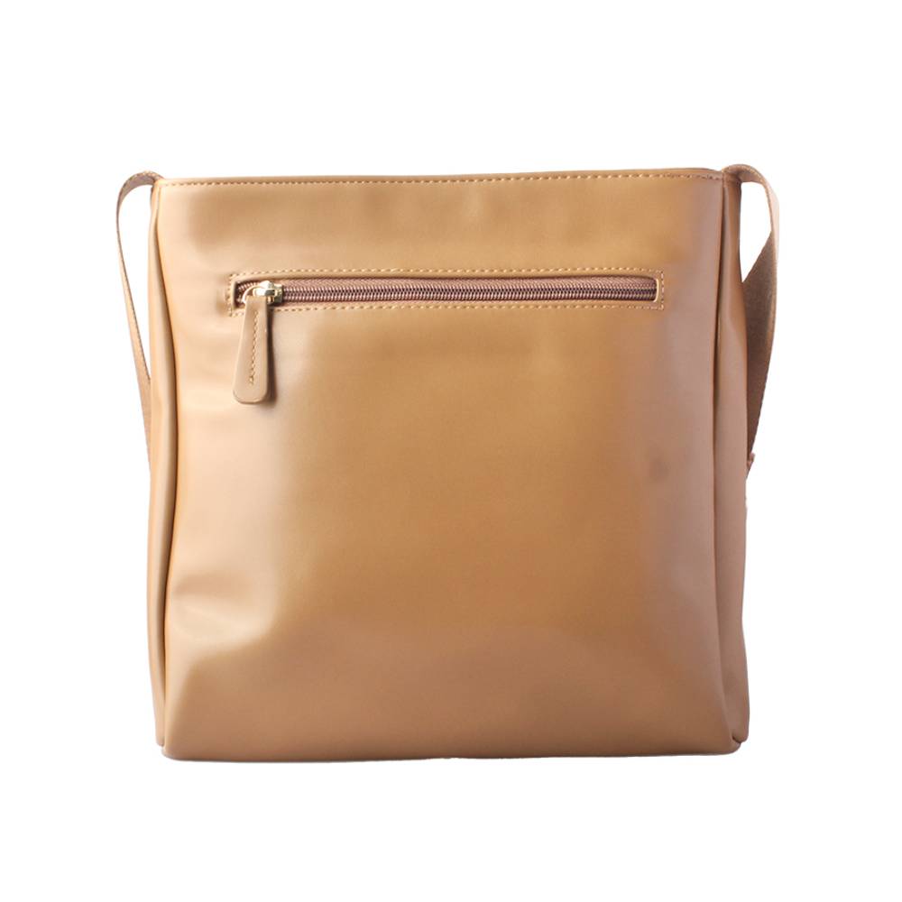 Front view of a tan smooth leather crossbody bag with a top zippered pocket and gold zipper pull, showcasing a minimalist rectangular design.