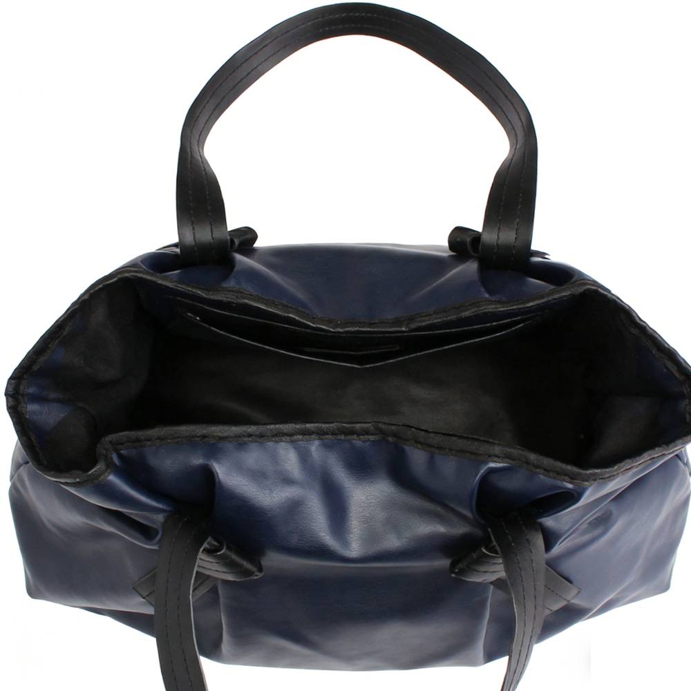 Navy Blue Ruched Tote Bag - Leather Knot & Handle Detail View