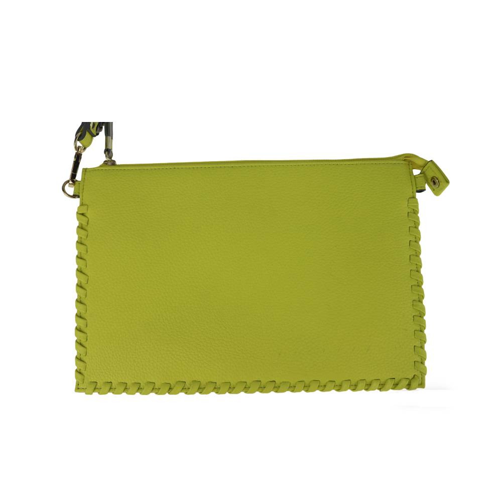 Lime Green Clutch Bag with White Braided Edge Stitching - Full Front View