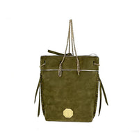 Olive green suede tote bag with gold chain straps, side tassel details, and octagonal gold emblem, elegant shoulder bag for wholesale.
