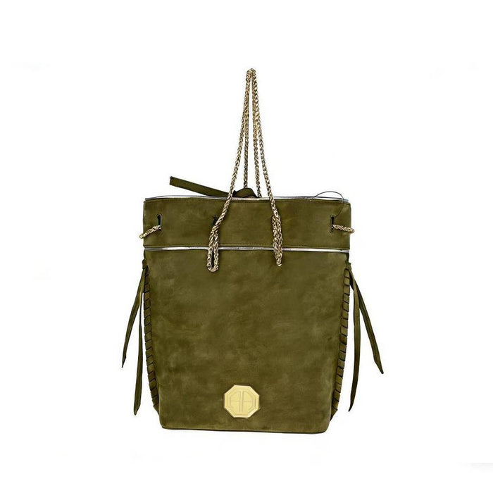 Olive green suede tote bag with gold chain straps, side tassel details, and octagonal gold emblem, elegant shoulder bag for wholesale.