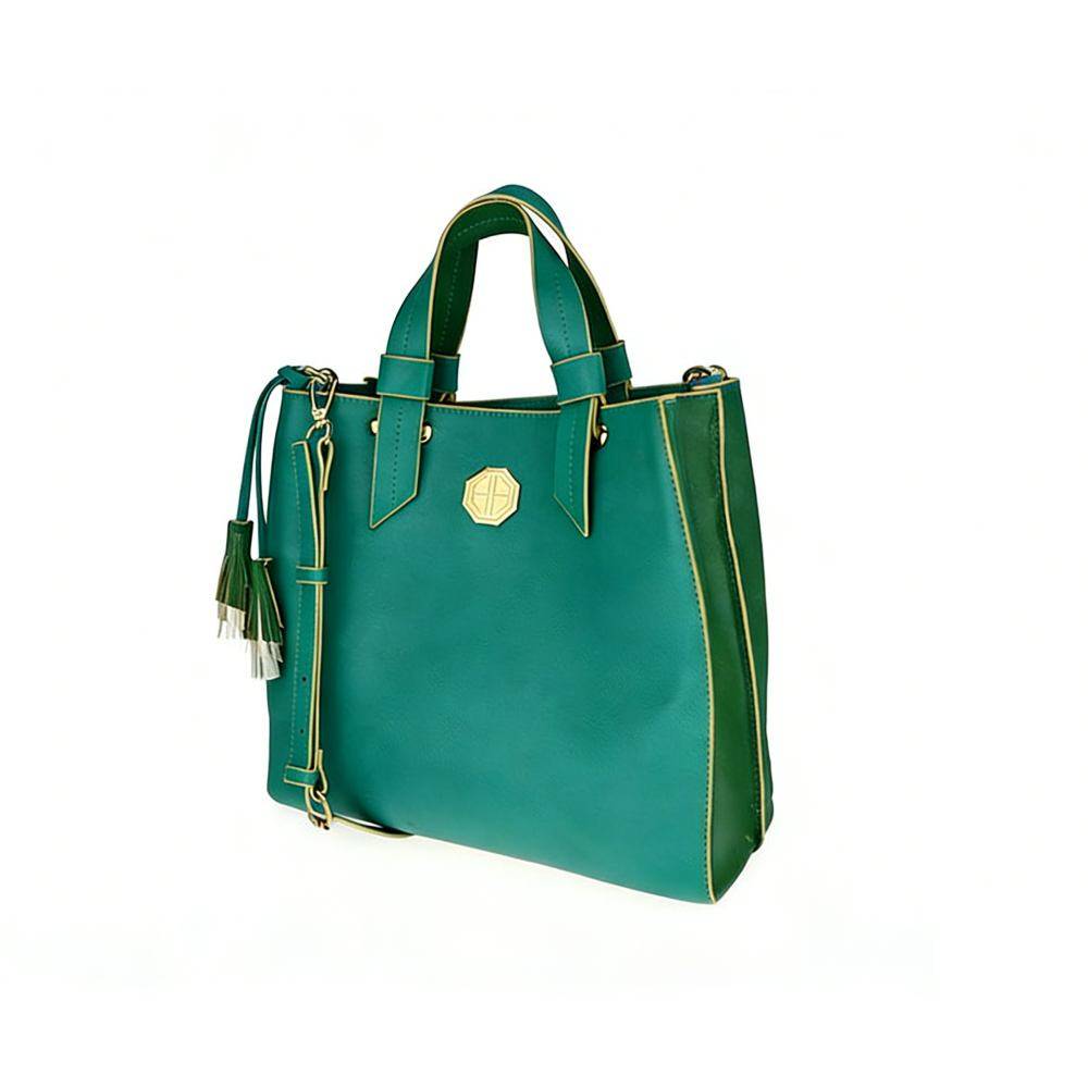 Teal green structured handbag with yellow contrast stitching, gold hardware, and tassel details, casual fashion shoulder bag.