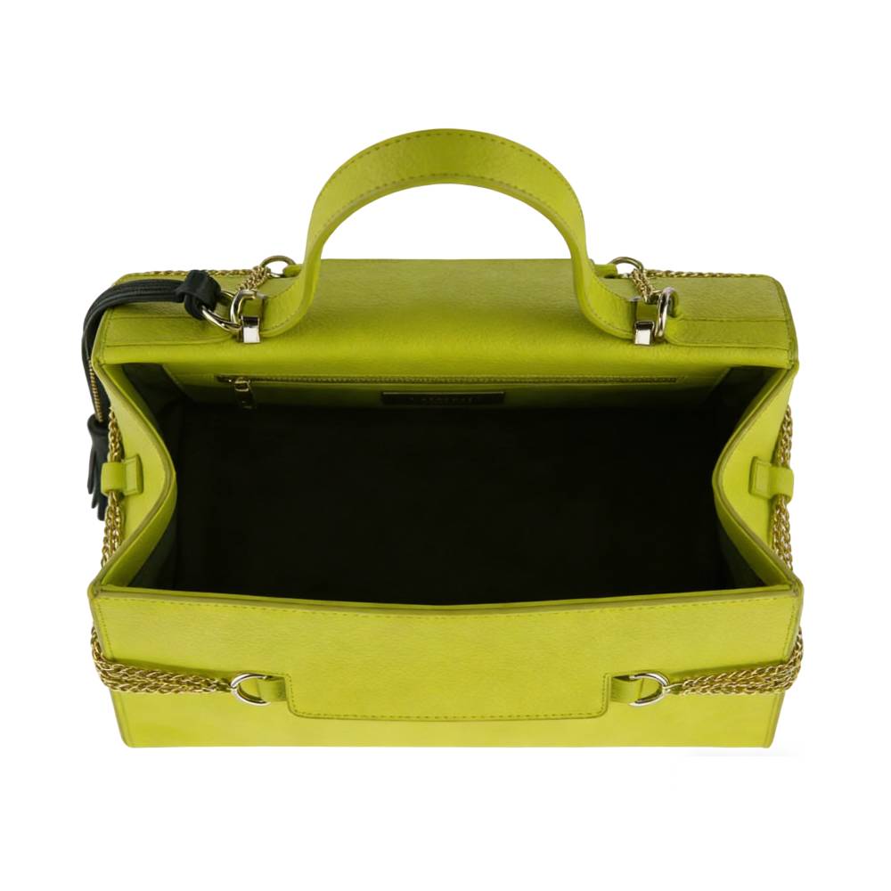 Lime Green Handbag - Open Interior View with Compartment Detail