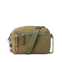 Olive Green Camera Bag with Dual Zippers & Chain Strap - Front View