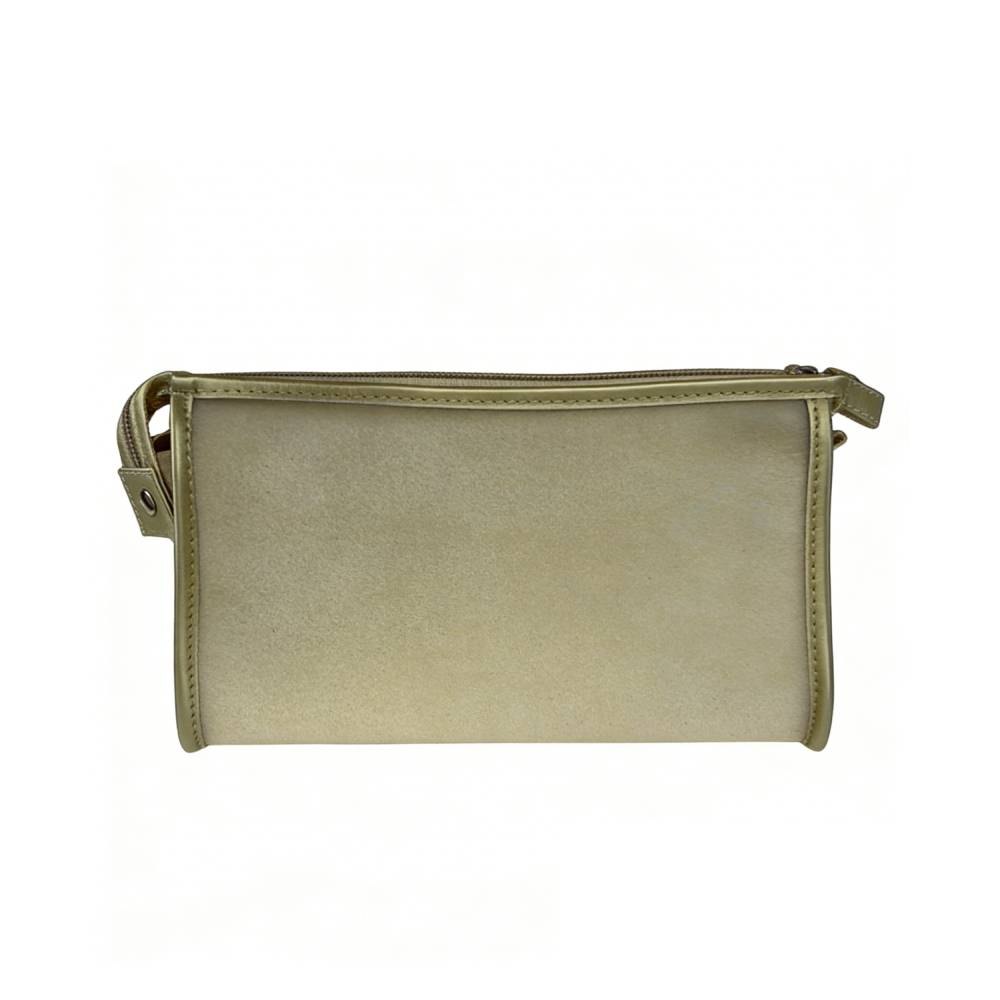 Front view of a medium beige zippered pouch with smooth suede-like texture, metal zipper pull, and side tab with eyelet, ideal for daily essentials.