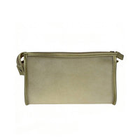 Front view of a medium beige zippered pouch with smooth suede-like texture, metal zipper pull, and side tab with eyelet, ideal for daily essentials.