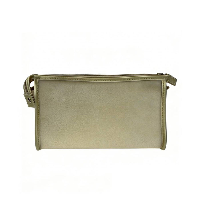 Front view of a medium beige zippered pouch with smooth suede-like texture, metal zipper pull, and side tab with eyelet, ideal for daily essentials.