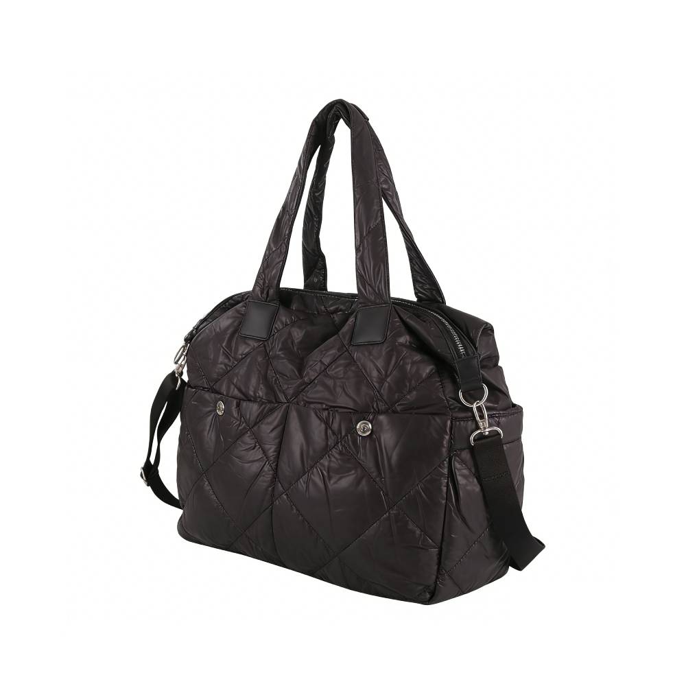 Black Quilted Duffel Bag with Detachable Shoulder Strap - Side View