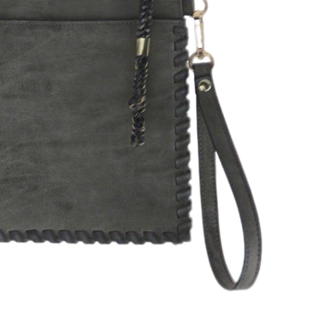 Dark Grey Clutch Bag - Braided Tassel & Wrist Strap Detail View