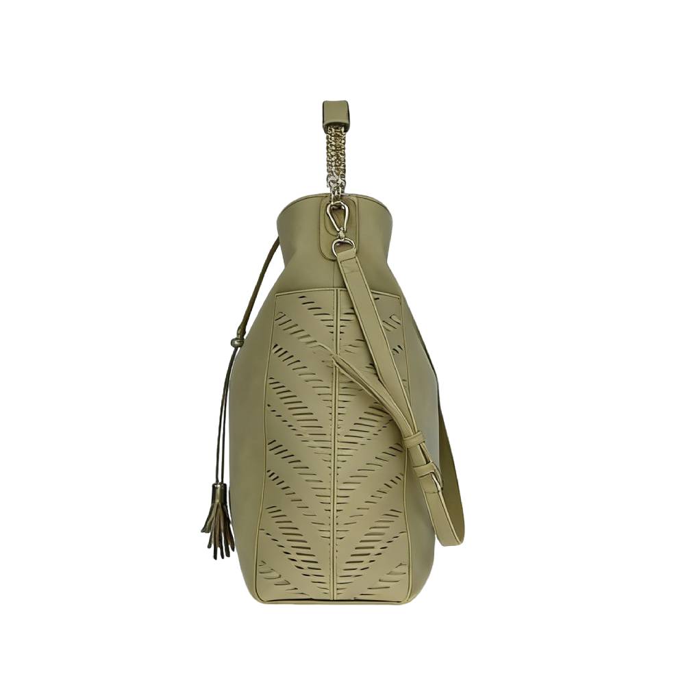 Side view of gray two-tone hobo bag with crocodile-embossed panels and suede-like side pockets, showing structured slouchy shape.