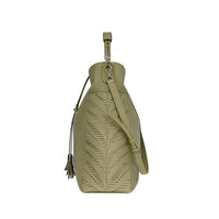 Side view of gray two-tone hobo bag with crocodile-embossed panels and suede-like side pockets, showing structured slouchy shape.