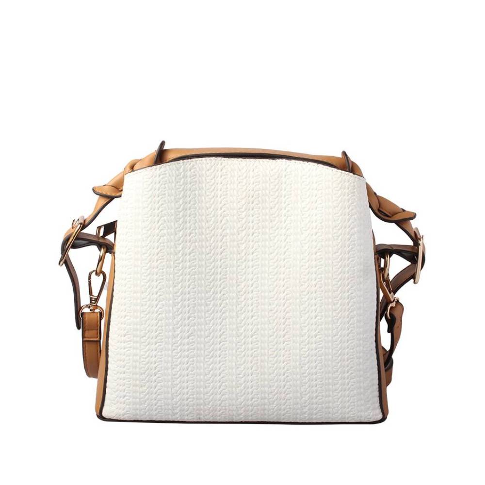 White Woven Crossbody Bag with Leather Handles - Full Front View