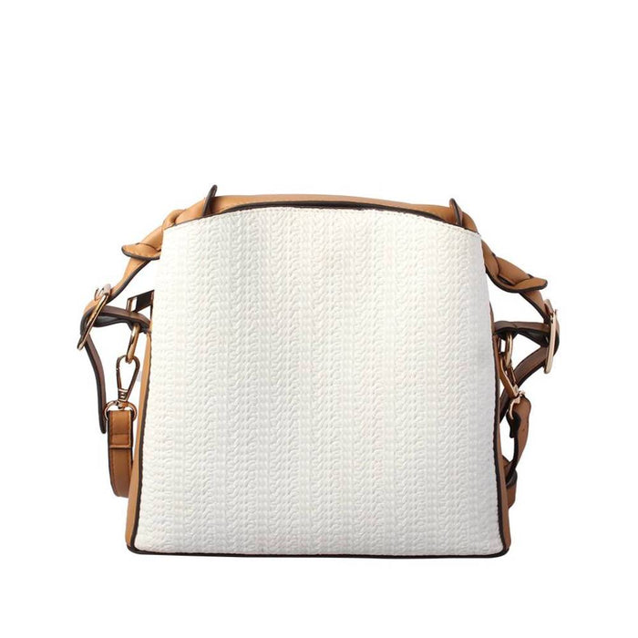 White Woven Crossbody Bag with Leather Handles - Full Front View