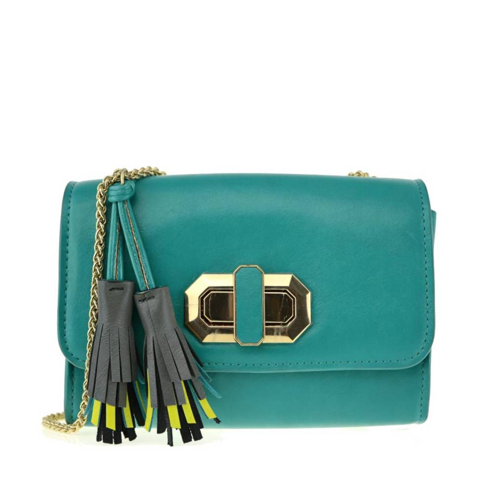 Teal green structured crossbody bag with gold hardware and multi-color tassel accents, versatile shoulder purse for wholesale.