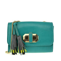 Teal green structured crossbody bag with gold hardware and multi-color tassel accents, versatile shoulder purse for wholesale.