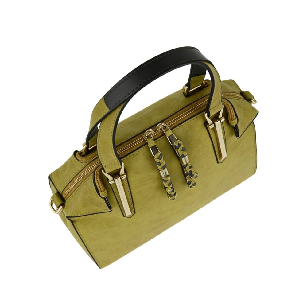 Olive Green Structured Satchel Bag with Braided Tassel Accents - Side Angle View