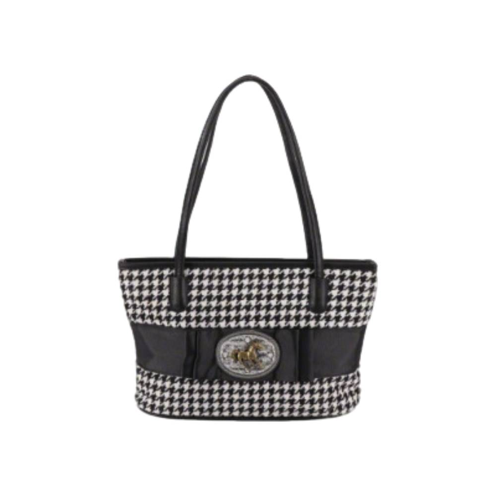 Houndstooth Tote Bag with Horse Emblem - Front Angle View