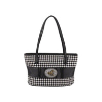 Houndstooth Tote Bag with Horse Emblem - Front Angle View