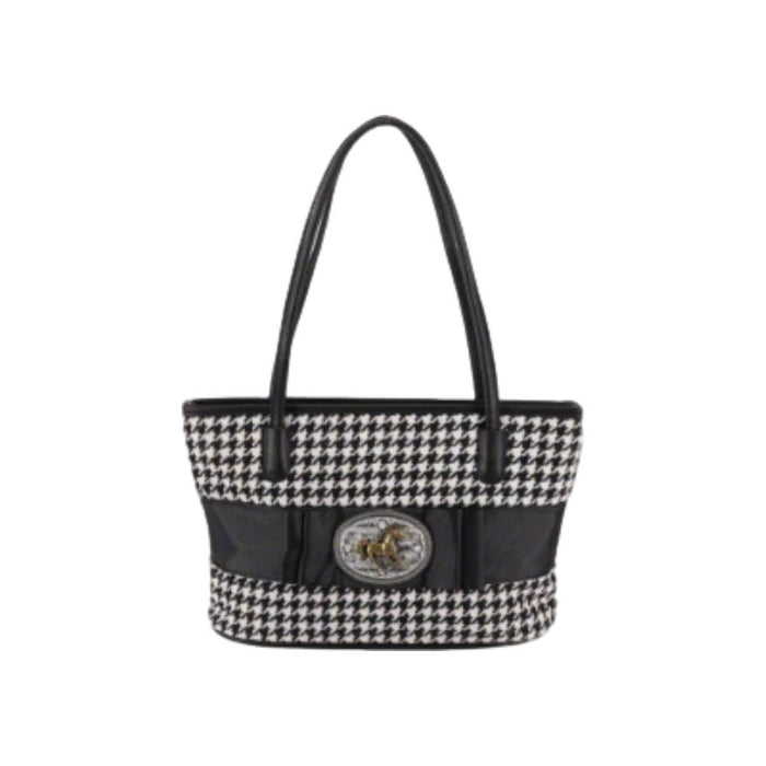Houndstooth Tote Bag with Horse Emblem - Front Angle View