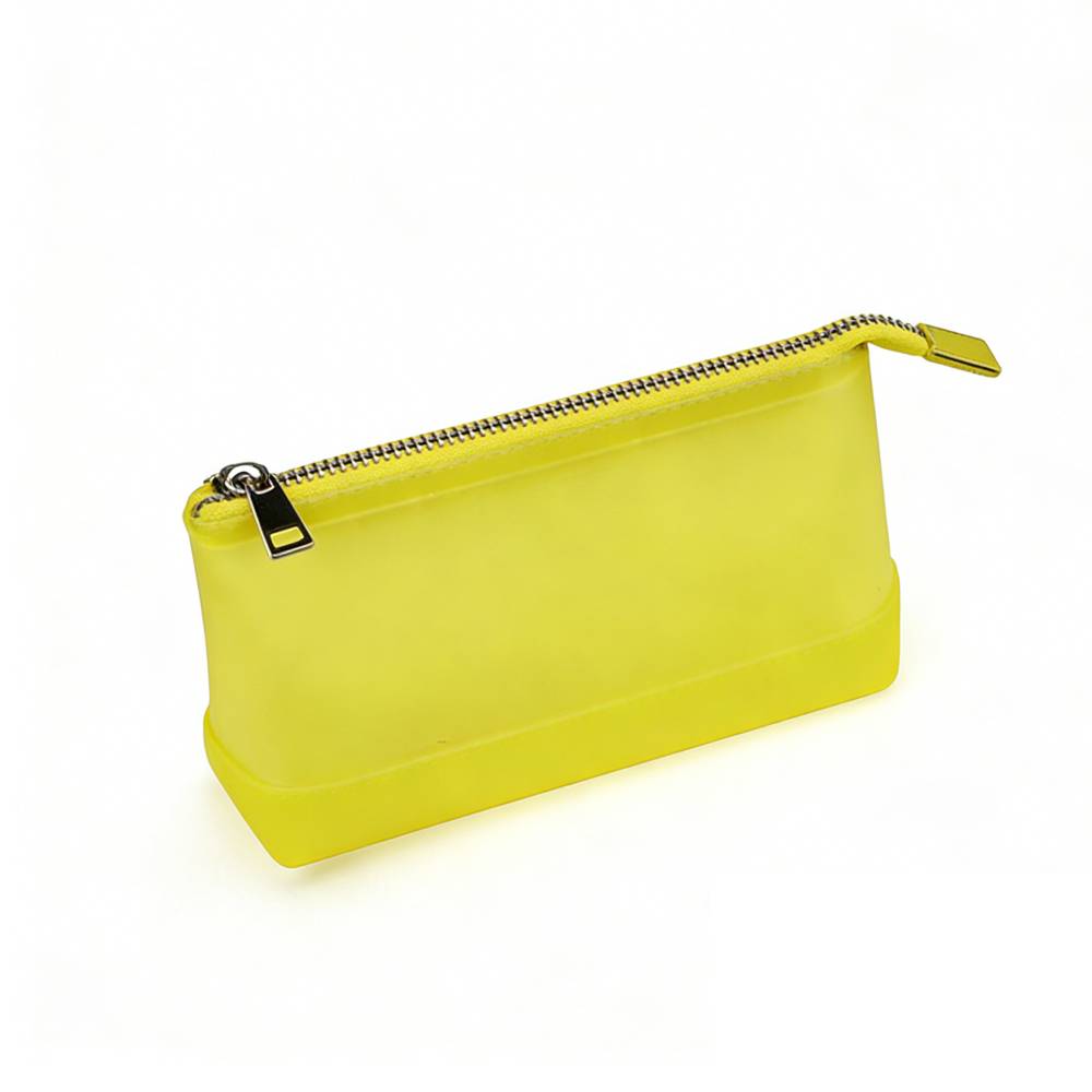 Bright yellow frosted translucent zippered pouch with solid rubber base and silver metal zipper pull, highlighting its compact rectangular shape and durable design.