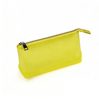 Bright yellow frosted translucent zippered pouch with solid rubber base and silver metal zipper pull, highlighting its compact rectangular shape and durable design.