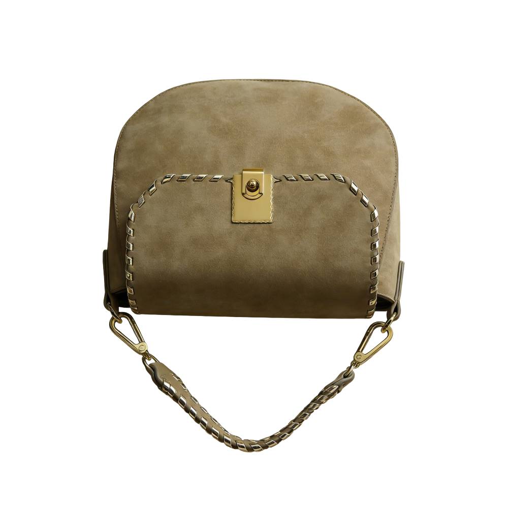 Olive Green Suede Saddle Bag with Braided Handle & Gold Hardware - Full Front View