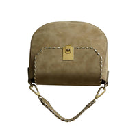 Olive Green Suede Saddle Bag with Braided Handle & Gold Hardware - Full Front View