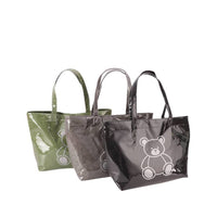 Assorted Colors Glossy Tote Bags (Black/Green/Grey) with Teddy Bear Print - Group View