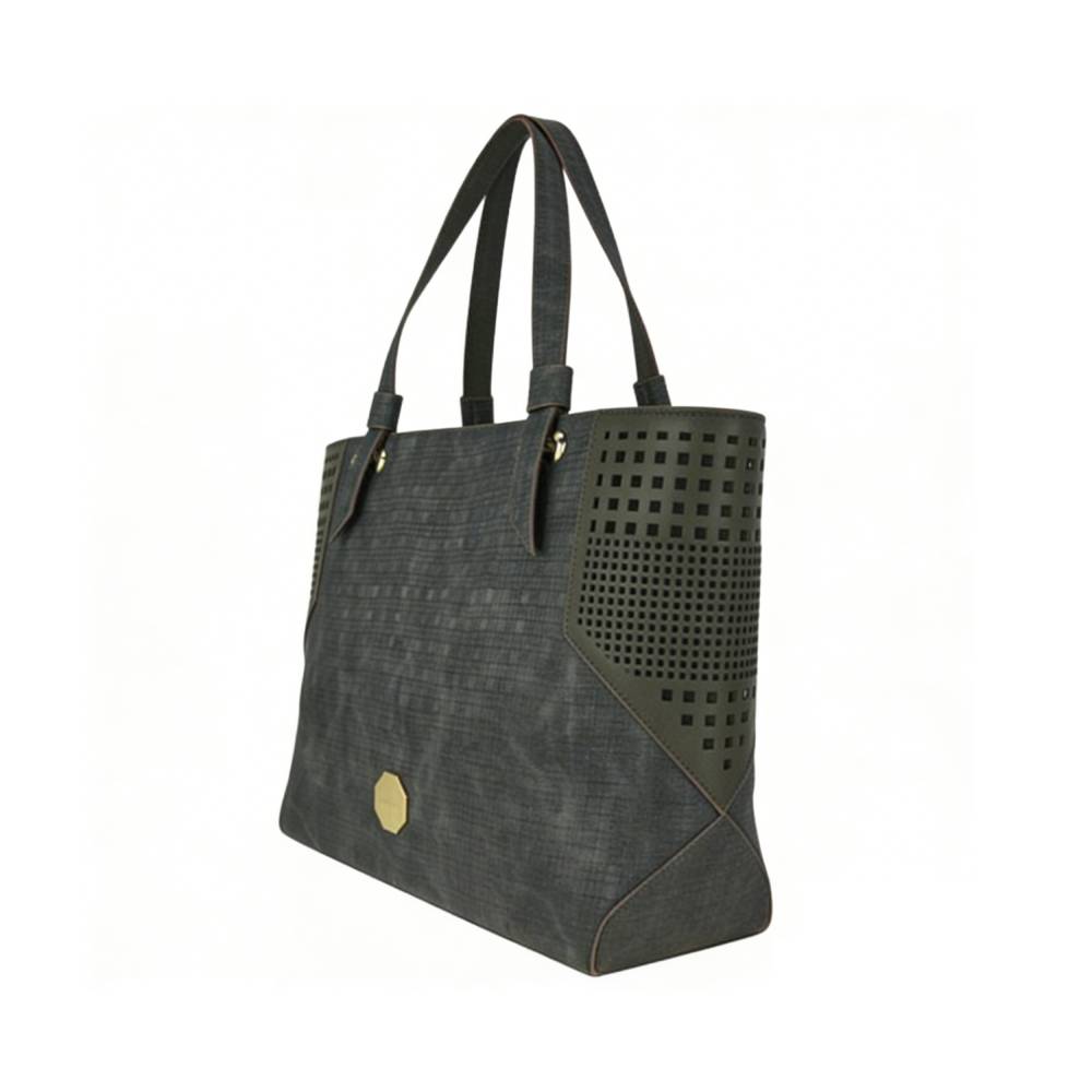 Dark Grey Textured Tote Bag - Right Side View with Perforated Accents