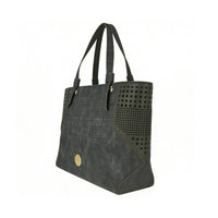 Dark Grey Textured Tote Bag - Right Side View with Perforated Accents