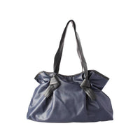 Navy Blue Ruched Faux Leather Tote Bag - Side Angle View