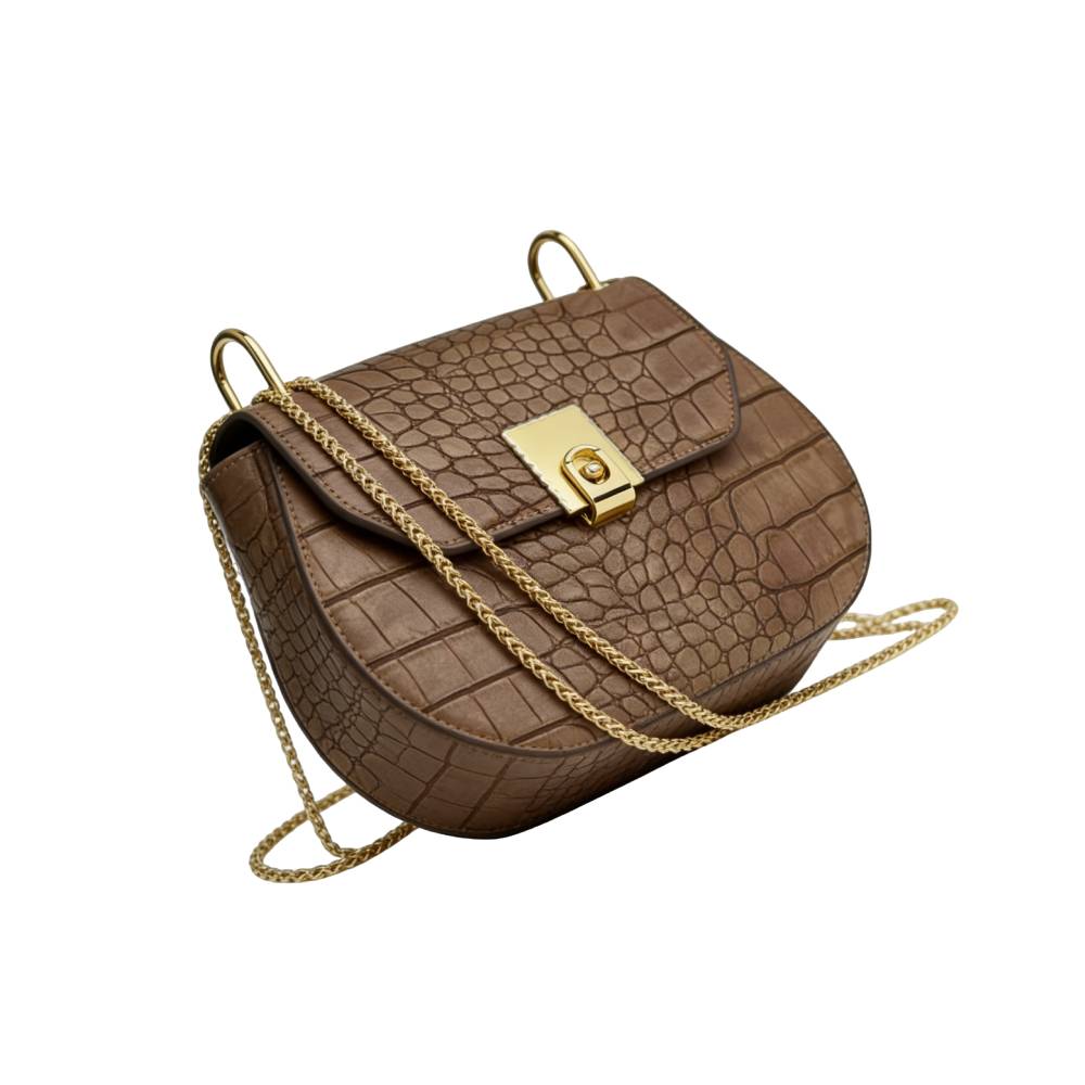 Brown Crocodile Embossed Saddle Bag - Side Angle View