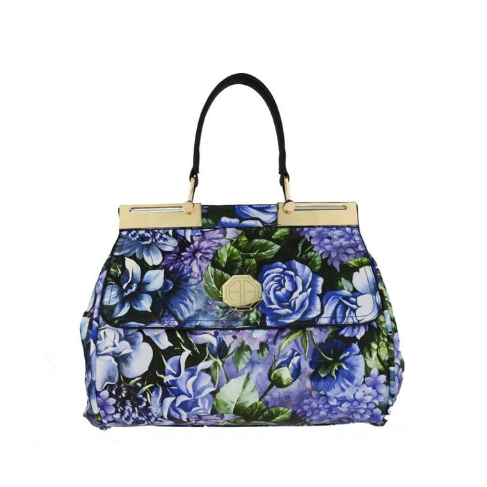 Vibrant Blue & Purple Floral Print Handbag - Full Front View