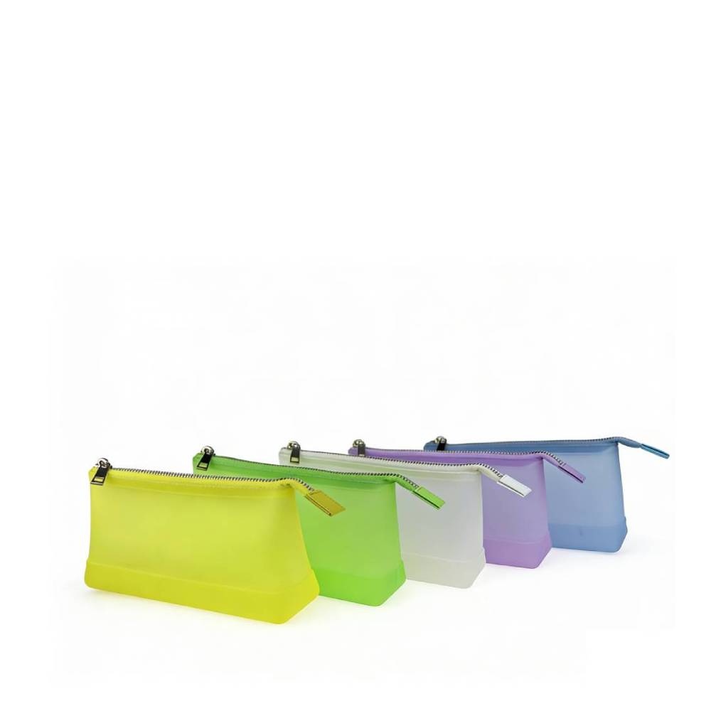 Set of five frosted translucent zippered pouches in yellow, lime green, white, purple, and light blue, displayed side by side to demonstrate full color options for bulk orders.