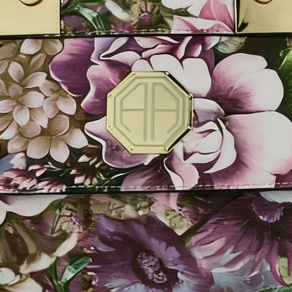 Floral Print Handbag - Gold Monogram Emblem & Floral Print Close-Up View